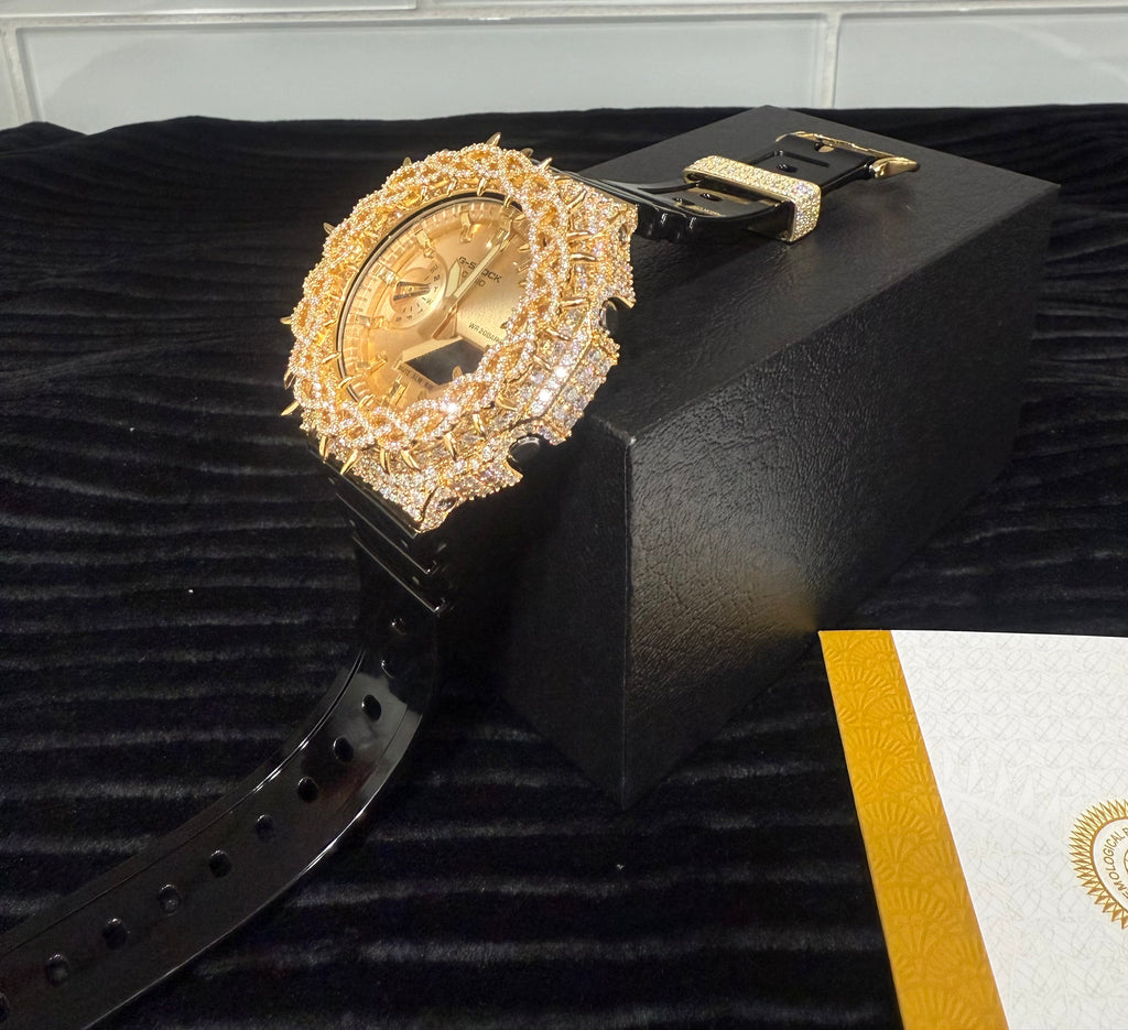 BUST DOWN MOISSANITE G-SHOCK GA-2100 GOLD/GOLD BLACK BAND
